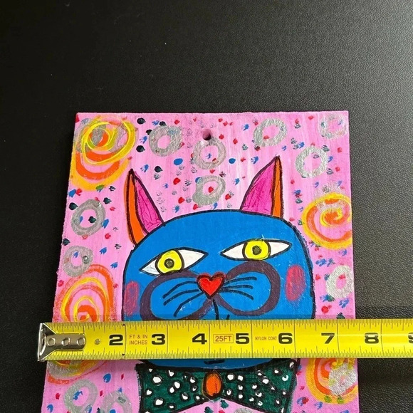 Cat Painting On Wood Nursery Pink Pop Art 9 X 7.5 Whimsical Swirls Dots Fun - Picture 15 of 15